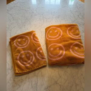 Baggu Happy Face Bath & hand towel set. Mustard & pink (one of each)